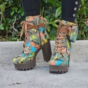 Women's Camo Print Block Heel Lace Up Botties