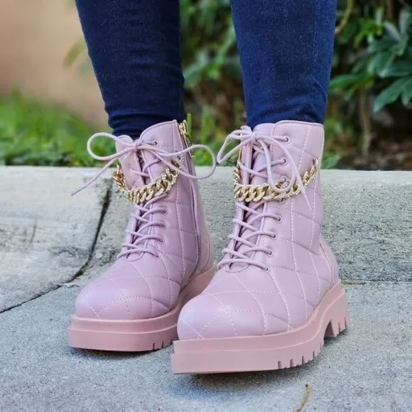 Womens Chunky Block Heel‎ Ankle Combat Boots Pink Color