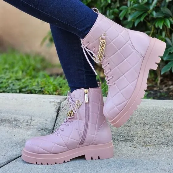 Womens Chunky Block Heel‎ Ankle Combat Boots Pink Color