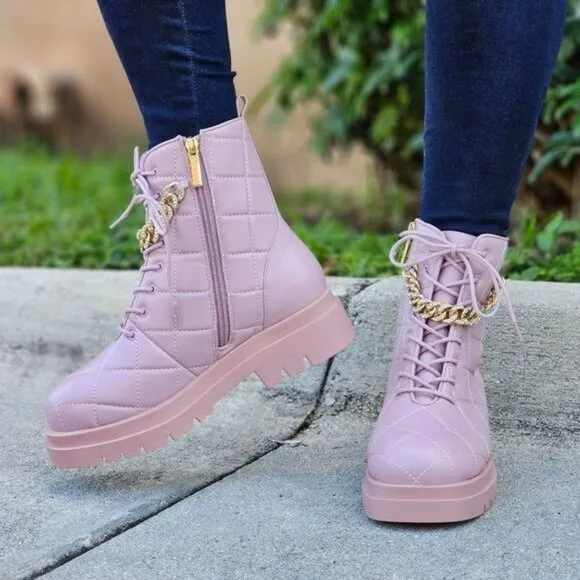 Womens Chunky Block Heel‎ Ankle Combat Boots Pink Color
