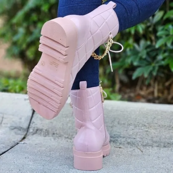 Womens Chunky Block Heel‎ Ankle Combat Boots Pink Color