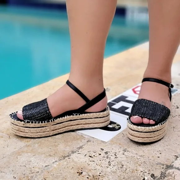 Women's Espadrille Wedge Sandal Black Woven Color