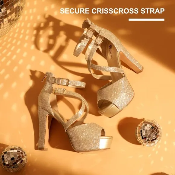 Women's IN5 Charcy Crisscross Strappy Platform High Chunky Heels Gold Toe Pump