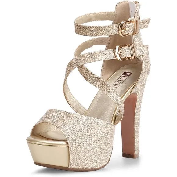 Women's IN5 Charcy Crisscross Strappy Platform High Chunky Heels Gold Toe Pump