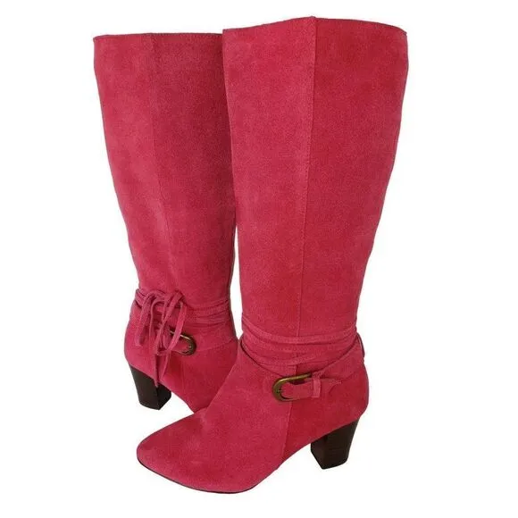 Women's Knee High Boots Leather Tall Zip up Block Heel Boots Red Size 6.5W NEW