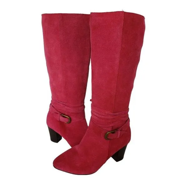 Women's Knee High Boots Leather Tall Zip up Block Heel Boots Red Size 6.5W NEW