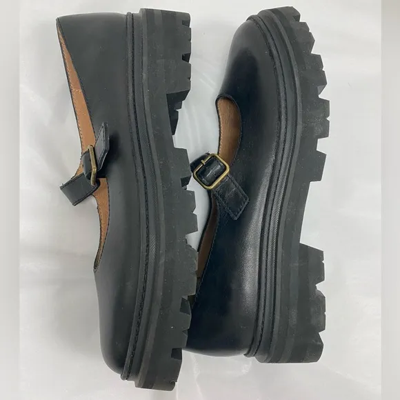 Women's Madewell Freya Chunky Lugsole Mary Jane Black Leather Shoes Size 8.5/9