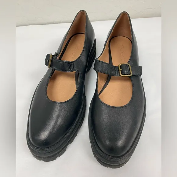 Women's Madewell Freya Chunky Lugsole Mary Jane Black Leather Shoes Size 8.5/9