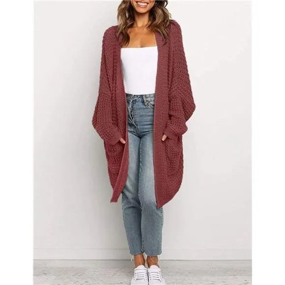 WOMEN'S Oversized Long Batwing Sleeve Cardigan Waffle Knit Sweater Coat Brickred