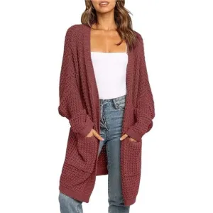 WOMEN'S Oversized Long Batwing Sleeve Cardigan Waffle Knit Sweater Coat Brickred
