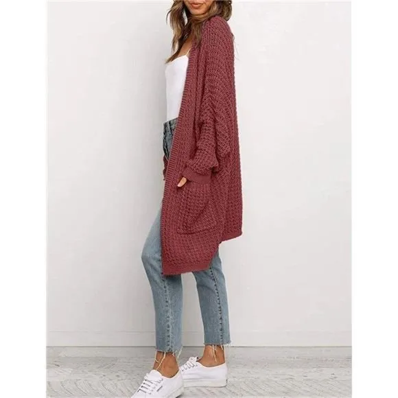 WOMEN'S Oversized Long Batwing Sleeve Cardigan Waffle Knit Sweater Coat Brickred