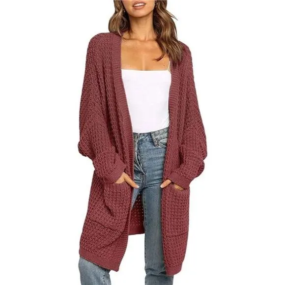 WOMEN'S Oversized Long Batwing Sleeve Cardigan Waffle Knit Sweater Coat Brickred