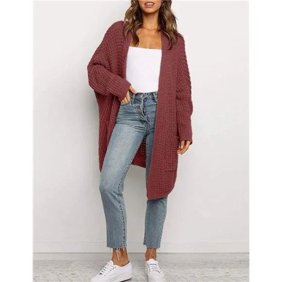 WOMEN'S Oversized Long Batwing Sleeve Cardigan Waffle Knit Sweater Coat Brickred