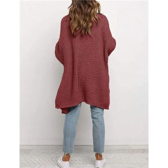 WOMEN'S Oversized Long Batwing Sleeve Cardigan Waffle Knit Sweater Coat Brickred