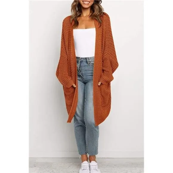 WOMEN'S Oversized Long Batwing Sleeve Cardigan Waffle Knit Sweater Coat Rust