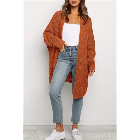 WOMEN'S Oversized Long Batwing Sleeve Cardigan Waffle Knit Sweater Coat Rust