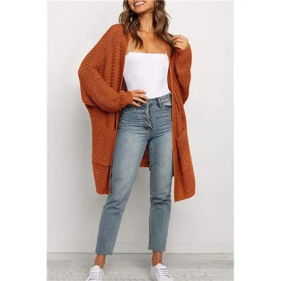 WOMEN'S Oversized Long Batwing Sleeve Cardigan Waffle Knit Sweater Coat Rust