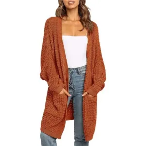 WOMEN'S Oversized Long Batwing Sleeve Cardigan Waffle Knit Sweater Coat Rust