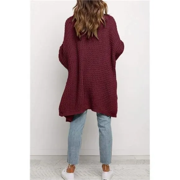 Women's Oversized Long Batwing Sleeve Cardigan Waffle Knit Sweater Coat Wine