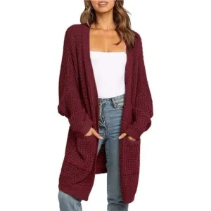 Women's Oversized Long Batwing Sleeve Cardigan Waffle Knit Sweater Coat Wine