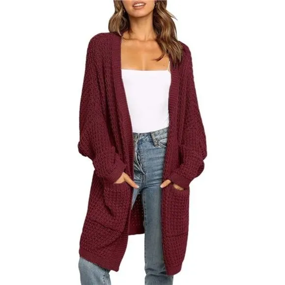 Women's Oversized Long Batwing Sleeve Cardigan Waffle Knit Sweater Coat Wine