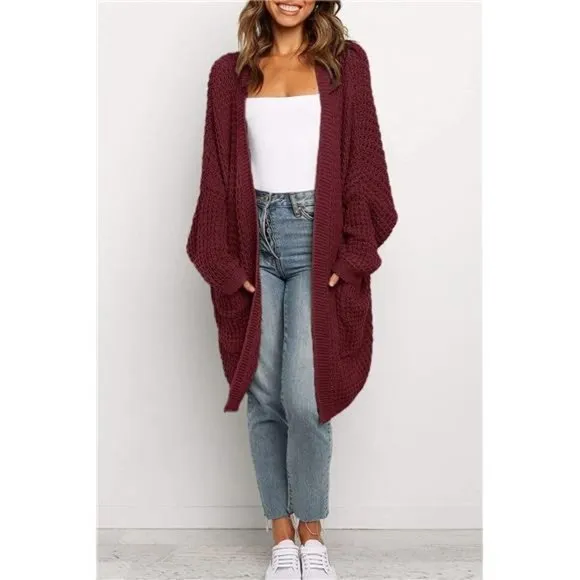 Women's Oversized Long Batwing Sleeve Cardigan Waffle Knit Sweater Coat Wine