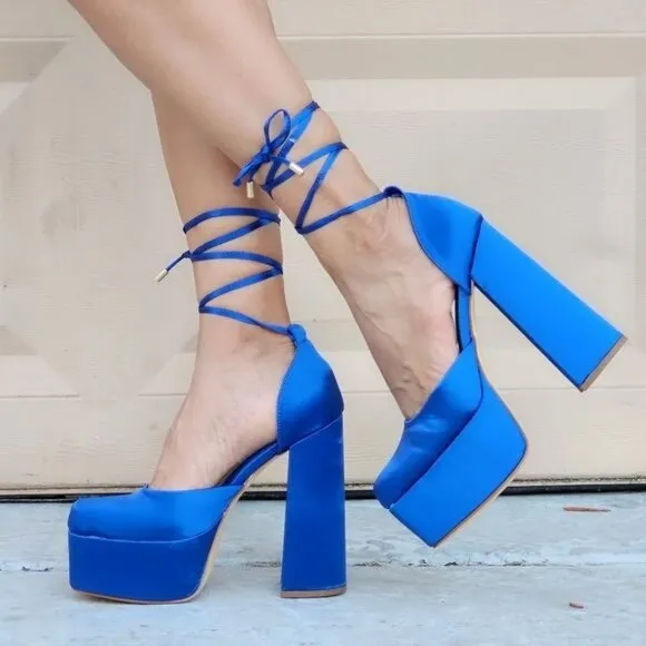 Womens Satin Platform Chunky Lace Up Heels Blue Color