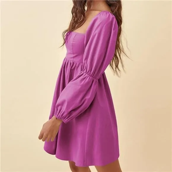 Women's Square Neck Dress Long Puff Sleeve A-Line Casual Short Mini Dress