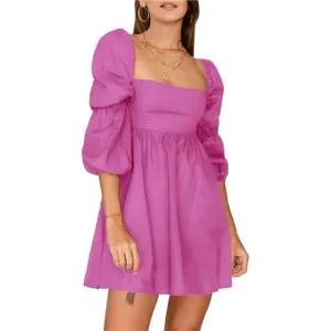 Women's Square Neck Dress Long Puff Sleeve A-Line Casual Short Mini Dress