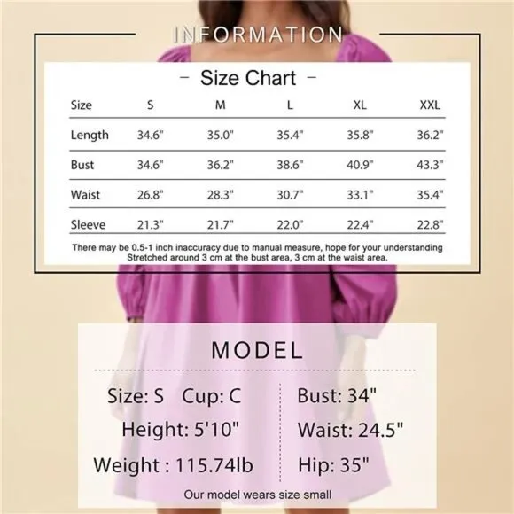 Women's Square Neck Dress Long Puff Sleeve A-Line Casual Short Mini Dress