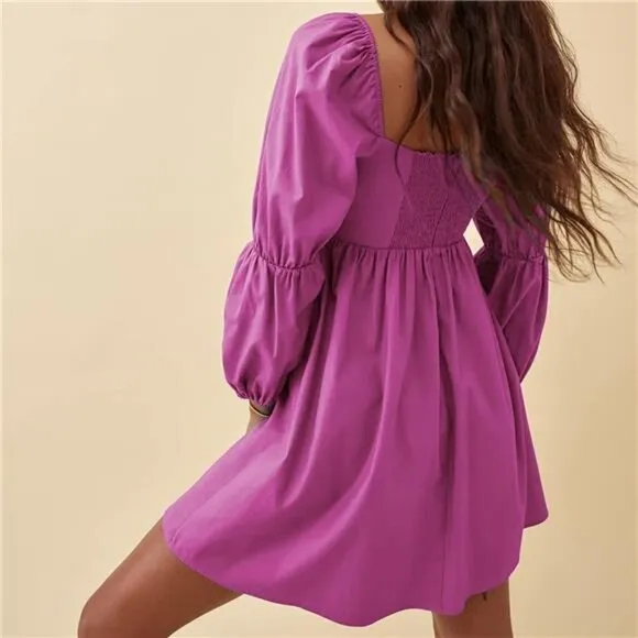 Women's Square Neck Dress Long Puff Sleeve A-Line Casual Short Mini Dress