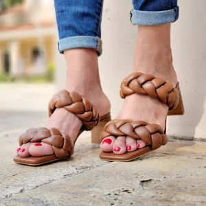 Women's Tan Double Braided Square Toe Mule Low Heel Sandal