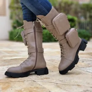 Women's Taupe Lace up High Combat Boots Lug Sole‎