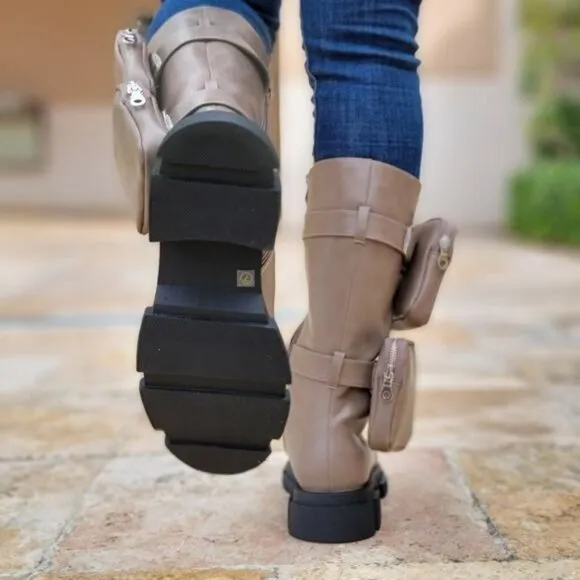 Women's Taupe Lace up High Combat Boots Lug Sole‎