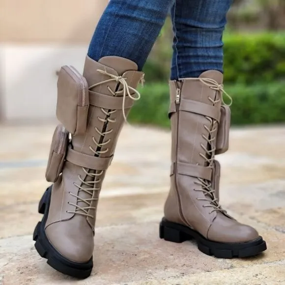 Women's Taupe Lace up High Combat Boots Lug Sole‎