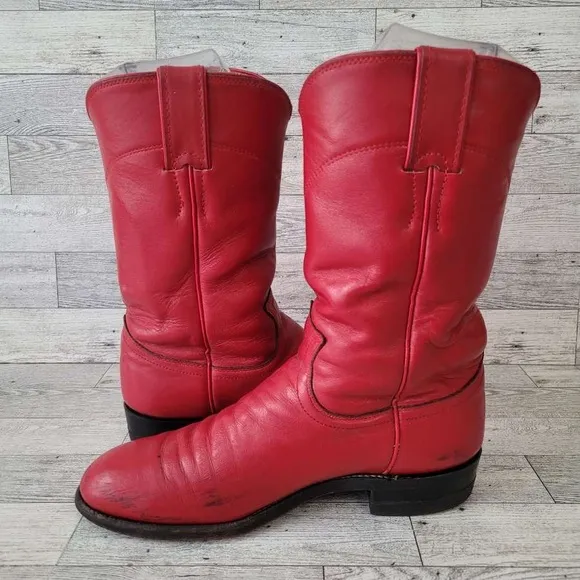 Women's Vintage Justin Western Red Leather Rodeo Roper Cowboy Boots Size 6 B