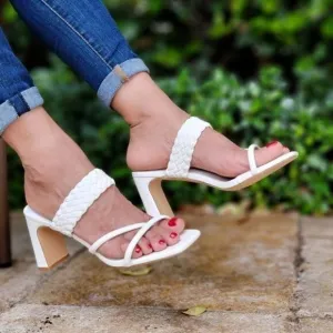Women's White Braided Chunky Block Heel Slide Sandals