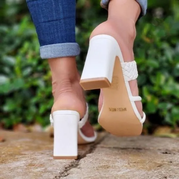 Women's White Braided Chunky Block Heel Slide Sandals