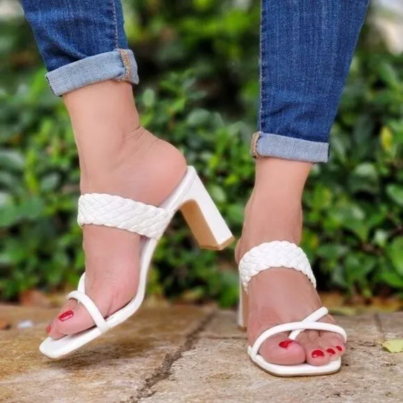 Women's White Braided Chunky Block Heel Slide Sandals