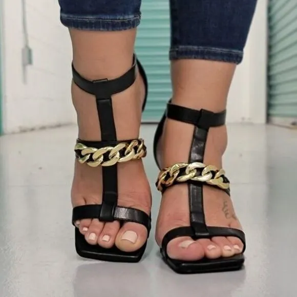 Women's Black Gold Chain Chunky Heels