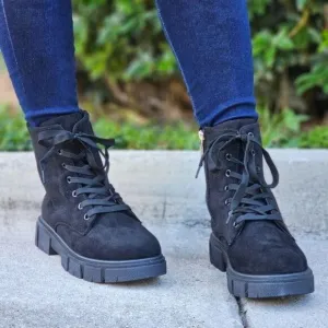 Womens Suede Combat Ankle Boots Lace Up Heeled Black Color