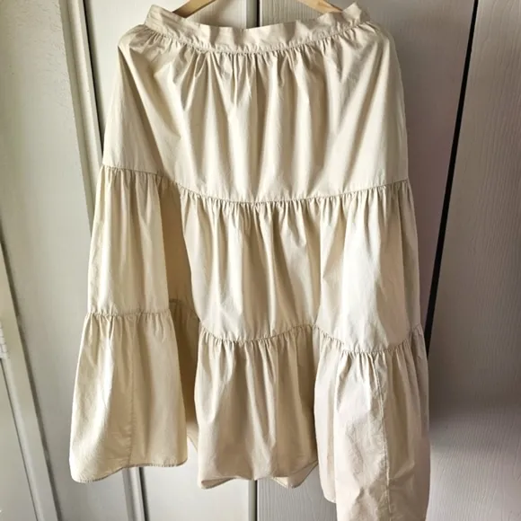 Xirena Angeline Tiered Cotton Midi Skirt XL Cream Boho Poplin Skirt w/ Pockets