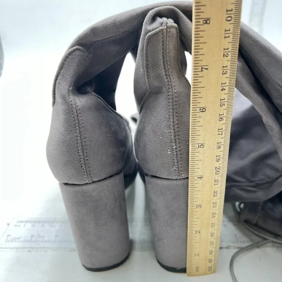 XYD Grey Sexy Over The Knee Thigh High Back Lace Up Chunky Heel Round Toe Boots