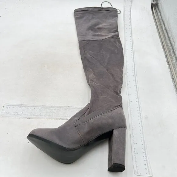 XYD Grey Sexy Over The Knee Thigh High Back Lace Up Chunky Heel Round Toe Boots