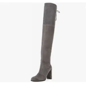 XYD Grey Sexy Over The Knee Thigh High Back Lace Up Chunky Heel Round Toe Boots
