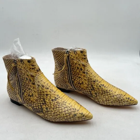 XYD Snakeskin Yellow Pointed Toe Ankle Boots Low Heel Double Side Zippers Shoes