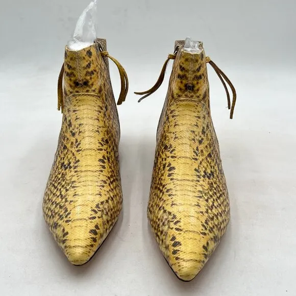 XYD Snakeskin Yellow Pointed Toe Ankle Boots Low Heel Double Side Zippers Shoes