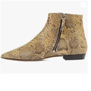 XYD Snakeskin Yellow Pointed Toe Ankle Boots Low Heel Double Side Zippers Shoes