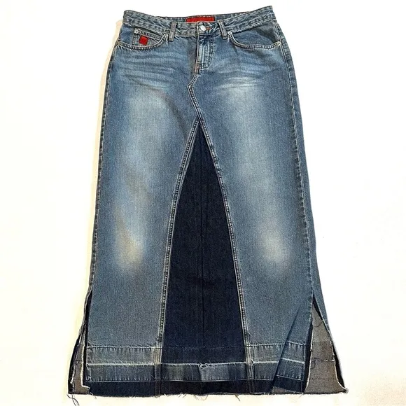 Y2K 90S RARE! BONGO PATCHWORK SKIRT PANT DESTROYED DENIM BOHO MAXI SKIRT Sz9