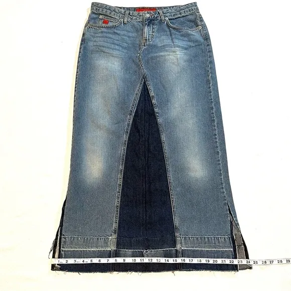 Y2K 90S RARE! BONGO PATCHWORK SKIRT PANT DESTROYED DENIM BOHO MAXI SKIRT Sz9